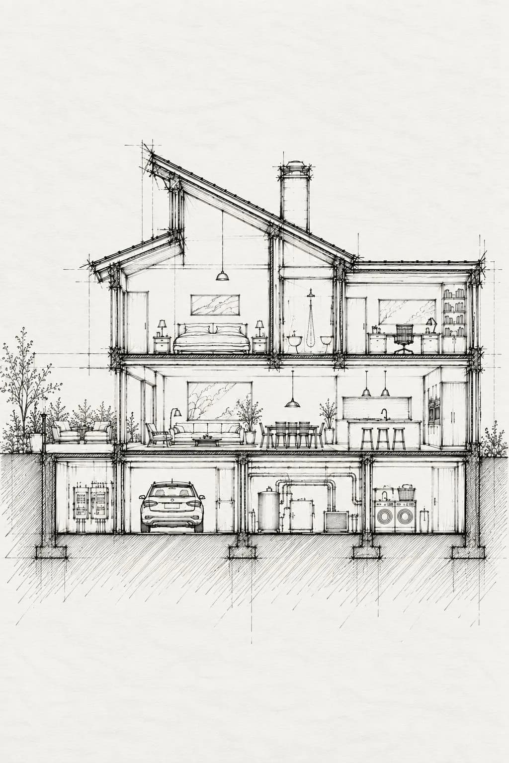 Pencil cutaway sketch of a house, from the attic bedroom to the garage and the boiler room — every space and system in one drawing